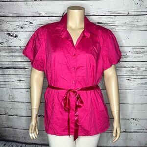 Venezia Lane Bryant NWT 26/28 Hot Pink Button Down Shirt w/ Polka Dot Tie Belt